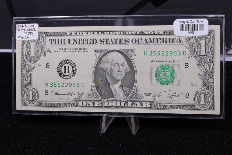 1974 $1 Federal Reserve Note. "HC" Radar Note, Crisp UN-Circulated. Store