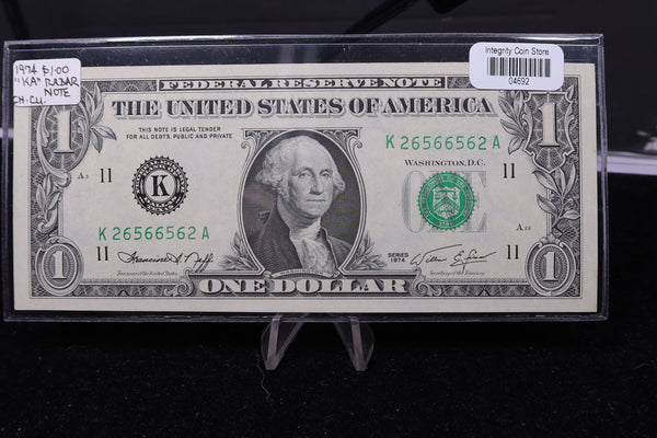 1974 $1 Federal Reserve Note. "KA" Radar Note, Crisp UN-Circulated. Store #04692