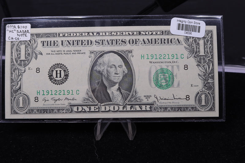 1977-A $1 Federal Reserve Note. "HC" Radar Note, Crisp UN-Circulated. Store