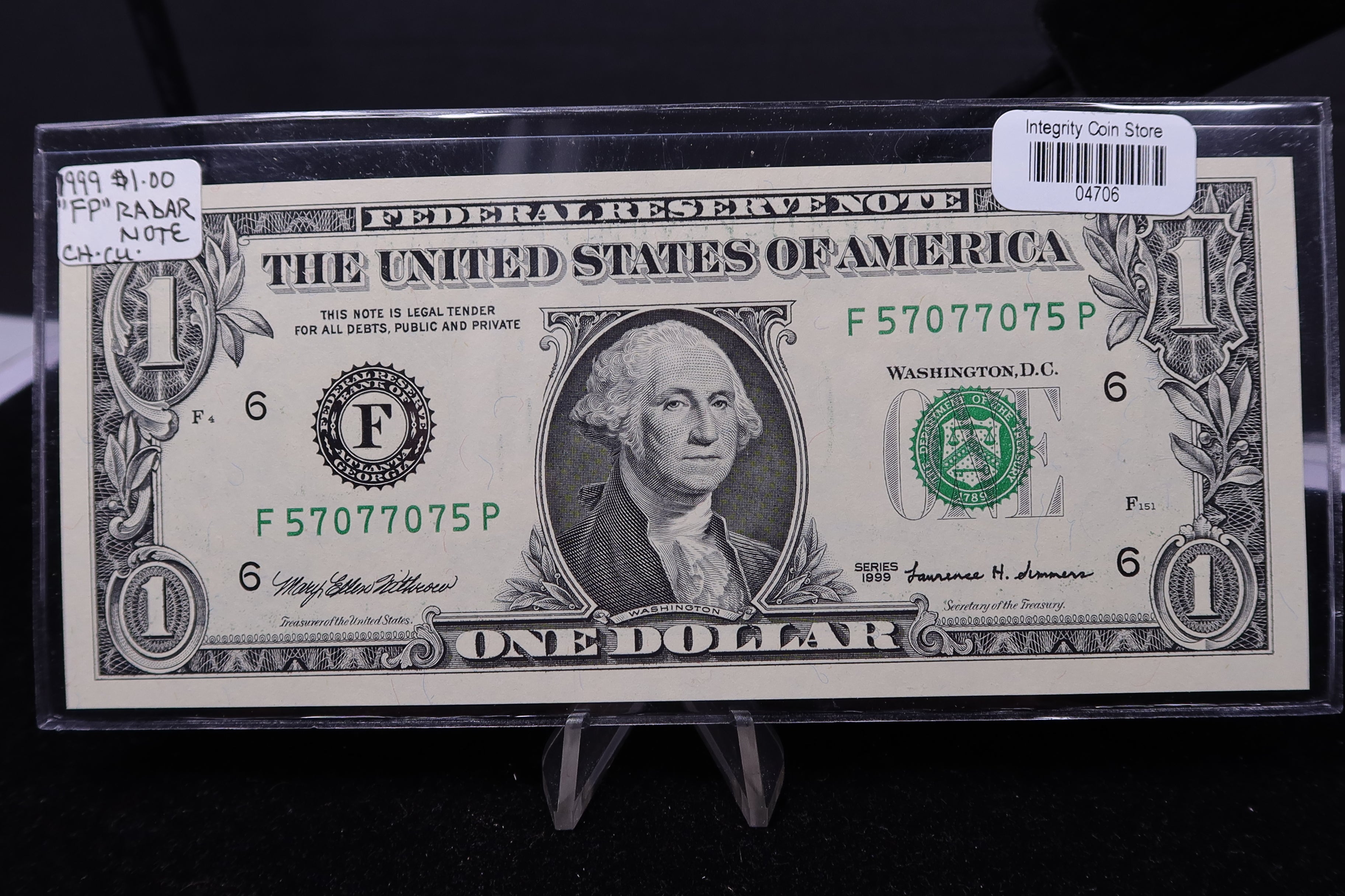 1999 $1., F.R.N., "FP" Radar Note, Crisp UN-Circulated. Store #04706