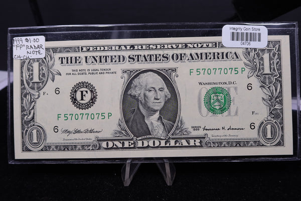 1999 $1 Federal Reserve Note. "FP" Radar Note, Crisp UN-Circulated. Store #04706