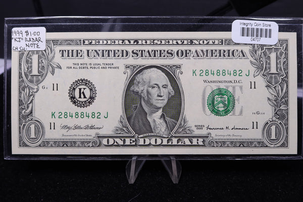 1999 $1 Federal Reserve Note. "KJ" Radar Note, Crisp UN-Circulated. Store #04707