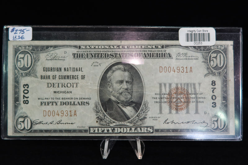 1929 $50 National Currency, 'Detroit', Charter #8703. Store #0253
