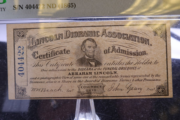 1865 Abraham Lincoln Dioramic Association. Certificate of Admission. PMG AU-55. #4863