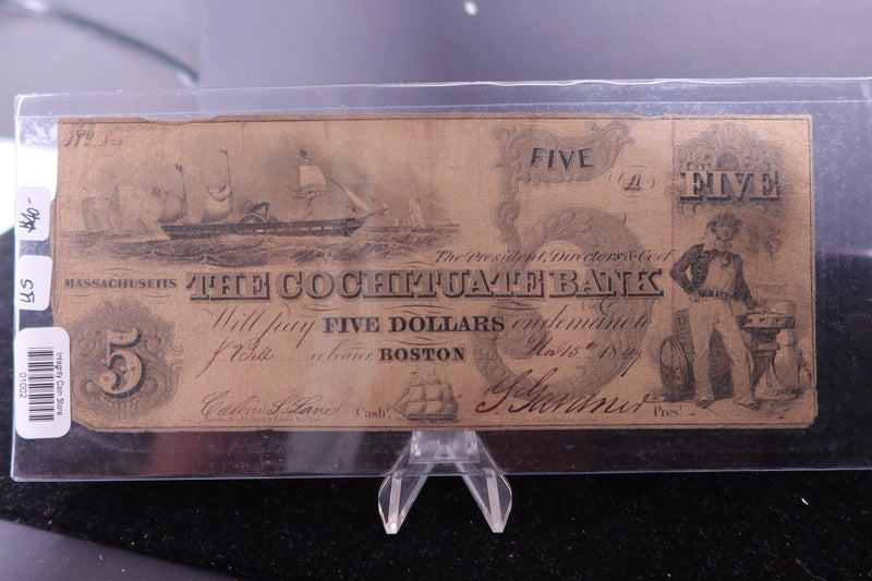 1849 $5 Obsolete Currency. The COCHITUATE Bank. Store