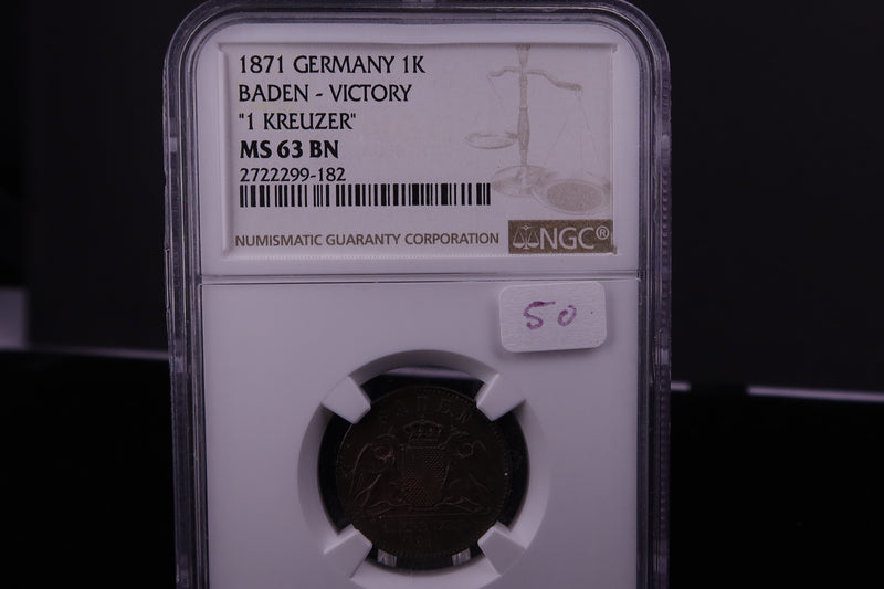 1871 German 1K, Baden-Victory. 1 Kreuzer, Choice MS-63.