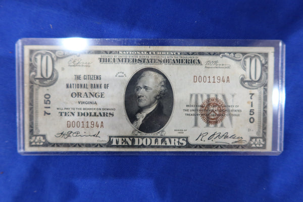 1929 $10 National Currency, "Orange, VIRGINIA", Charter #7150