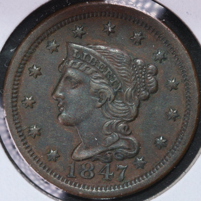 1847 Braided Hair Large Cent, Extra Fine Circulated Coin, Store #0970