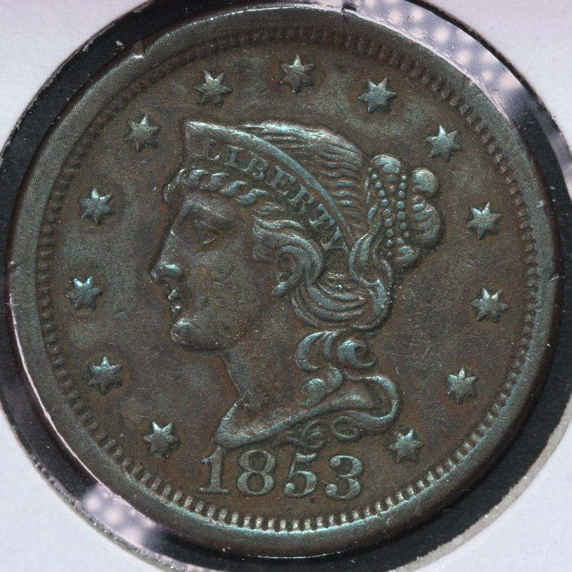 1853 Braided Hair Large Cent, Extra Fine Circulated Coin, Store #0973