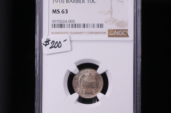 1916 Barber Dime, Original Mint State. NGC Graded MS63,, #0986