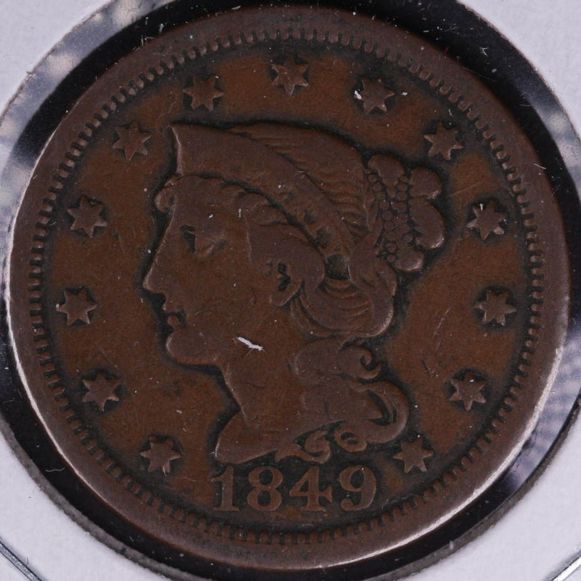 1849 Braided Hair Large Cent, Fine Circulated Coin. Store #09568
