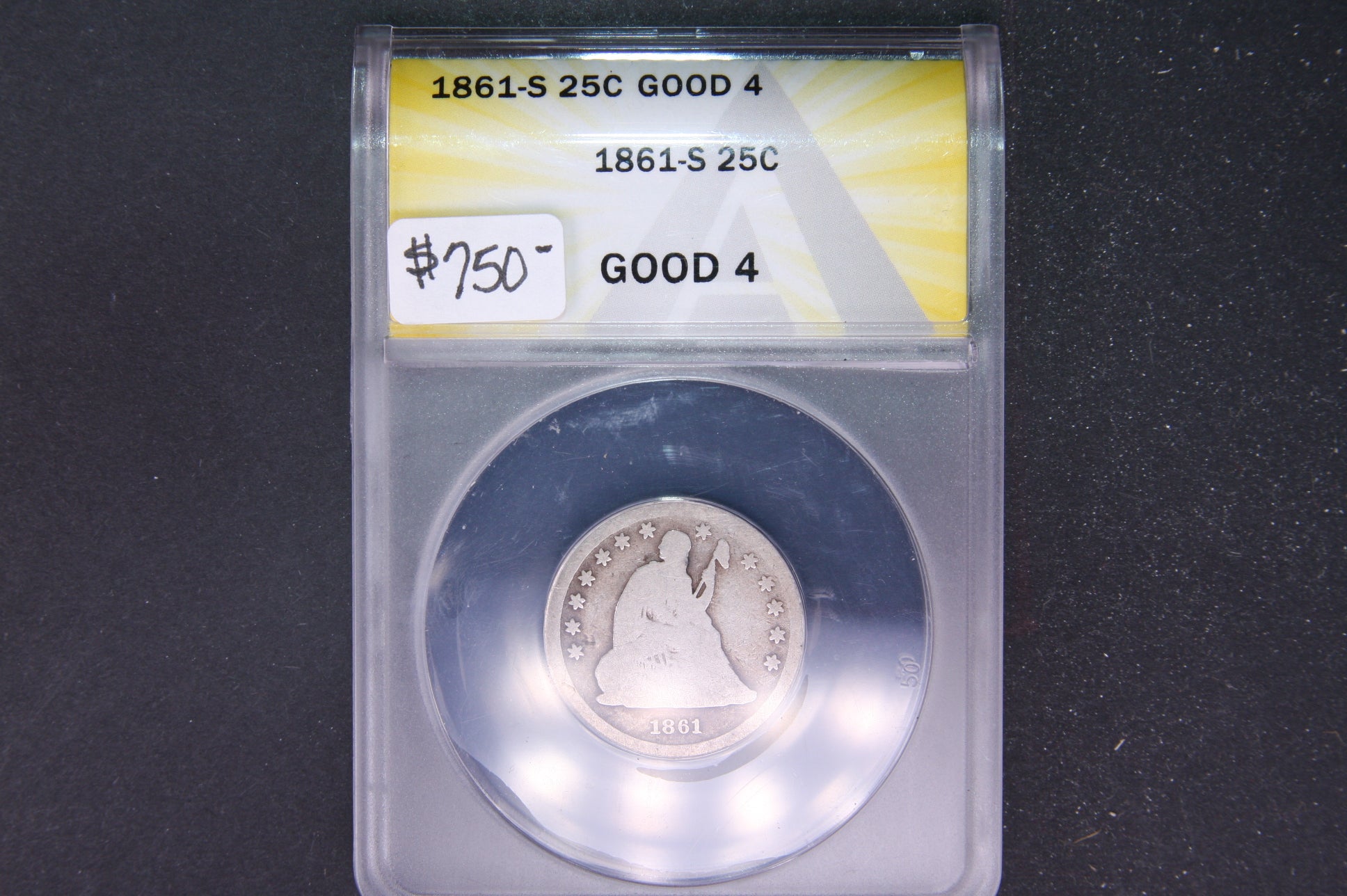 1861-S Seated Liberty Quarter, ANACS Good 4. Store #05483
