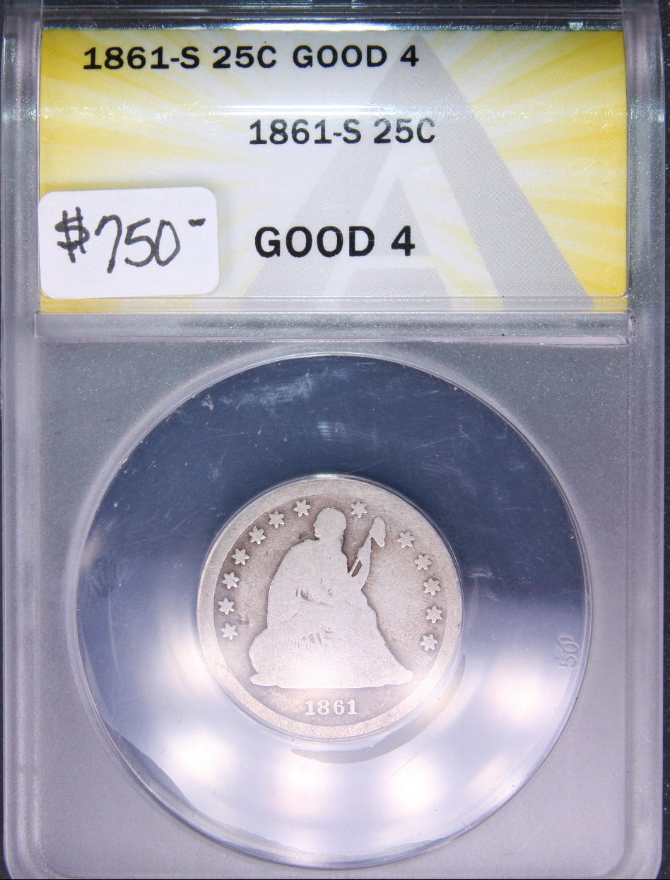 1861-S Seated Liberty Quarter, "SCARCE DATE", ANACS Good-4. Store #QR1438.