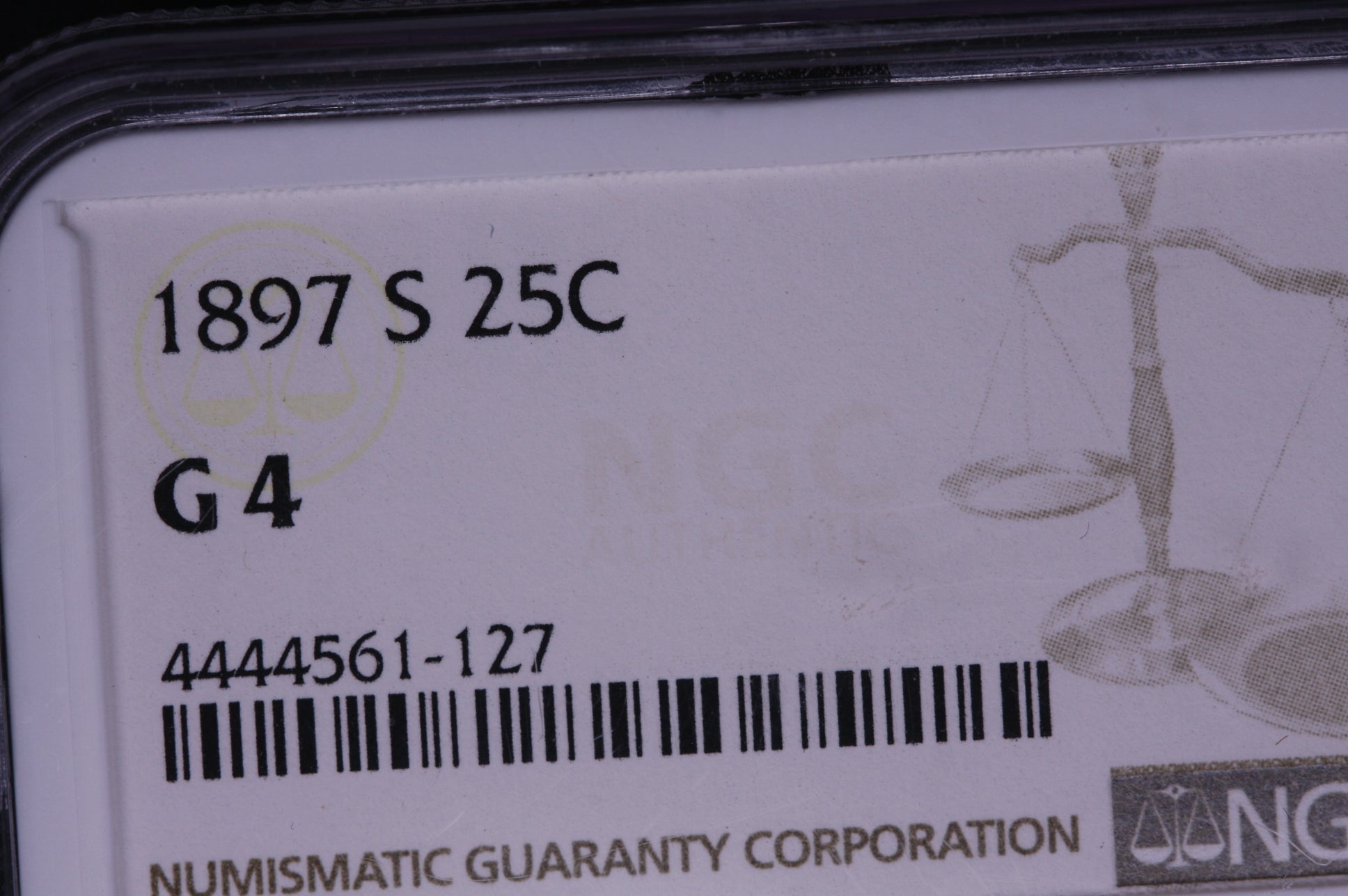 1897-S Barber Silver Quarter. Harder Date. NGC G04. Store #05487