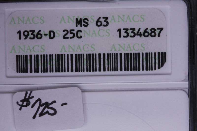 1936-D Washington Silver Quarter, Blast White. ANACS MS-63.