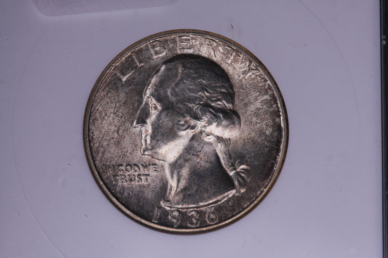 1936-D Washington Silver Quarter, Blast White. ANACS MS-63.