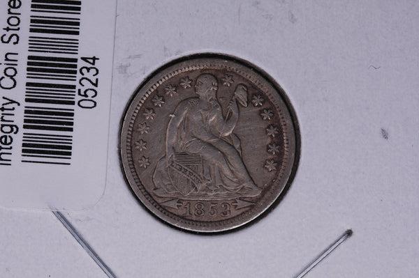1853 Seated Liberty Silver Dime, with Arrows.  Store #05234