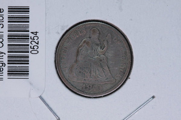 1872 Seated Liberty Silver Dime, Average Circulated Coin.  Store #05254
