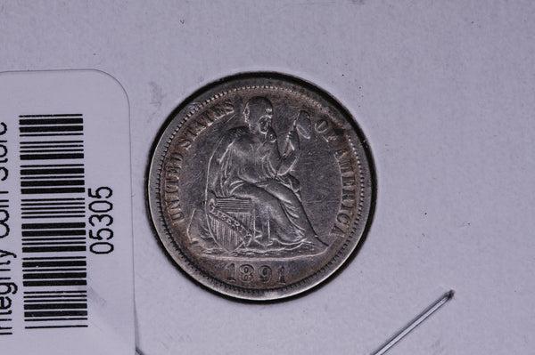 1891 Seated Liberty Silver Dime, Average Circulated Coin.  Store #05305