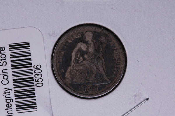 1891 Seated Liberty Silver Dime, Average Circulated Coin.  Store #05306