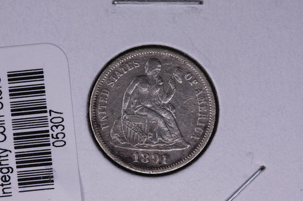 1891 Seated Liberty Silver Dime, Average Circulated Coin.  Store #05307