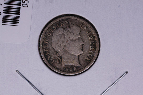 1908 Barber Silver Dime, Average Circulated Coin.  Store #05354