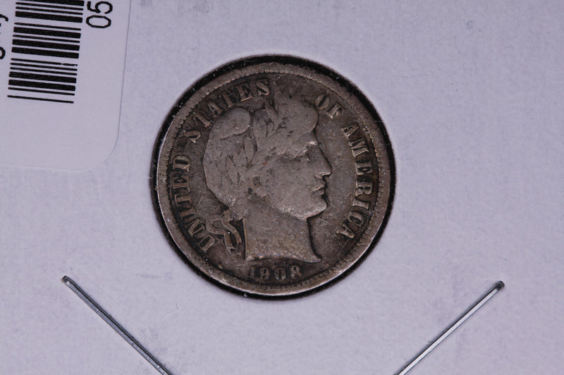 1908 Barber Silver Dime, Average Circulated Coin.  Store