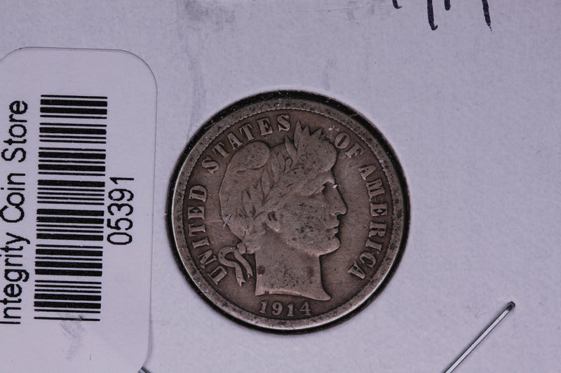 1914 Barber Silver Dime, Average Circulated Coin.  Store