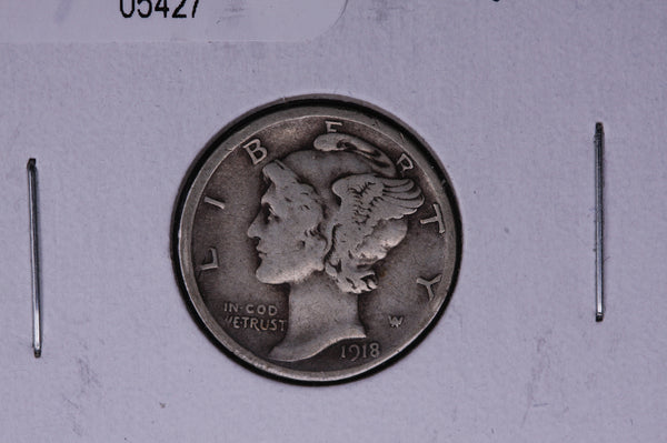 1918-D Mercury Silver Dime, Average Circulated Coin.  Store #05427