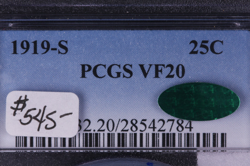 1919-S Standing Liberty Quarter. Choice Eye Appeal. PCGS VF20, Green CAC sticker. Store