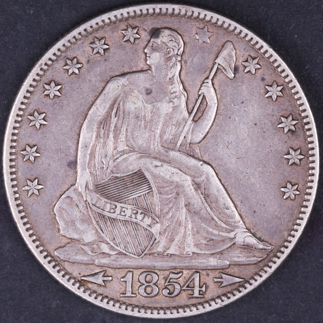 1854 Liberty Seated Half Dollar, Extra Fine Circulated Coin, Store #HR1931