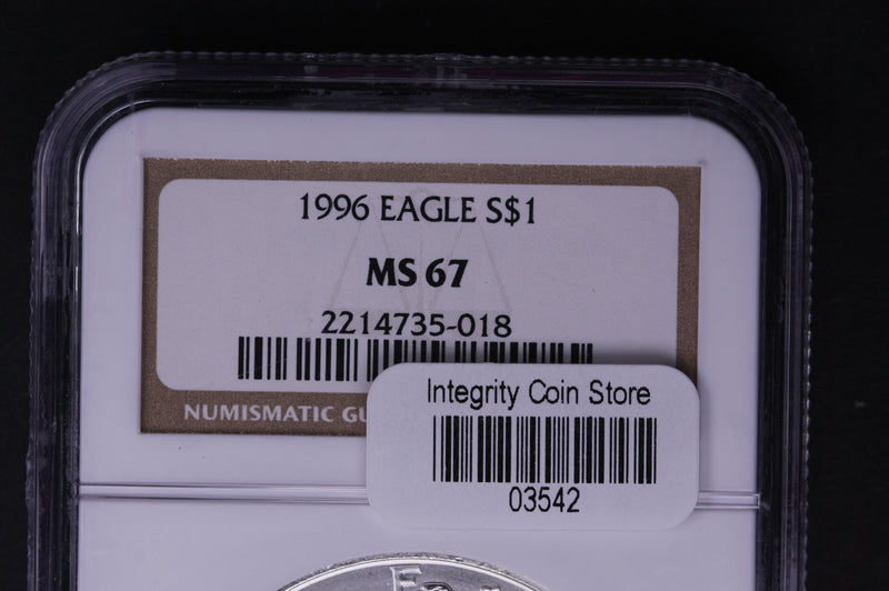 1996 Silver Eagle $1. NGC Graded MS-67 Un-Circulated. Store