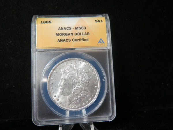 1885 Morgan Silver Dollar, ANACS Graded MS 63 UNC.  Store #03148