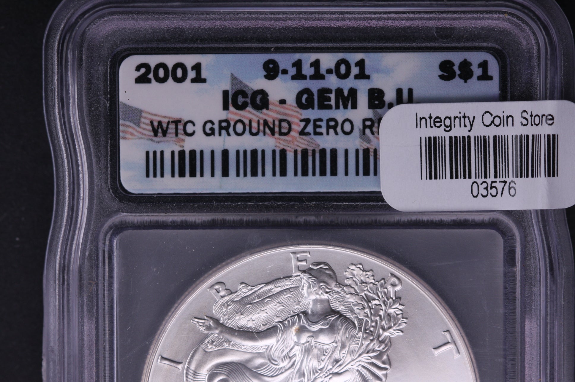2001 Silver Eagle $1. ICG GEM B.U. WTC Ground Zero Recovered. Store #AE0061
