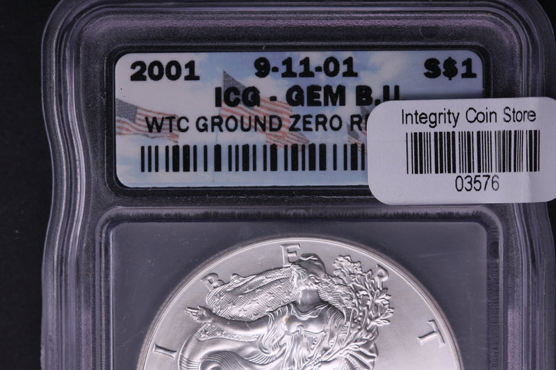 2001 Silver Eagle $1. ICG Graded GEM B.U. WTC Ground Zero Recovered. Store