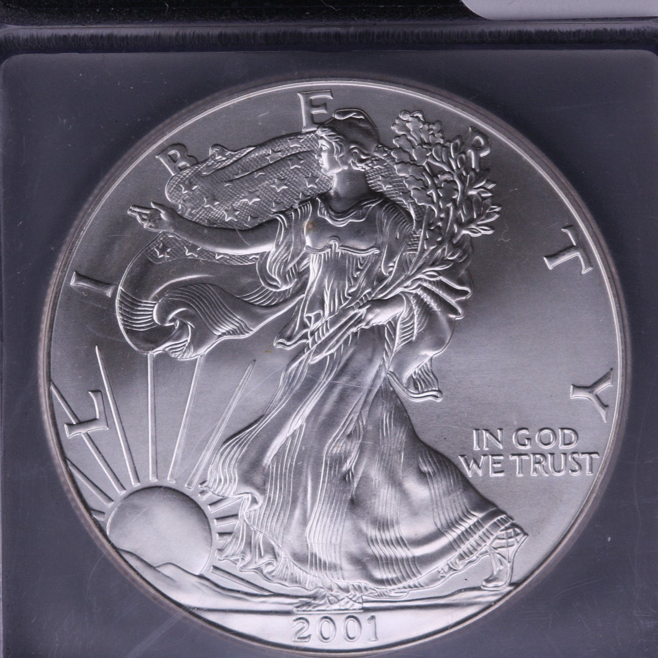 2001 Silver Eagle $1. ICG GEM B.U. WTC Ground Zero Recovered. Store #AE0061