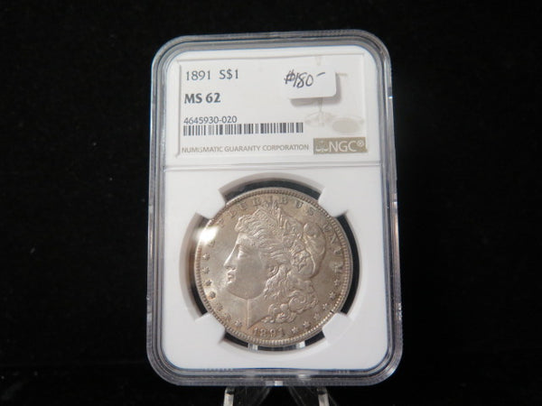 1891 Morgan Silver Dollar, NGC Graded MS 62.  Store #03183