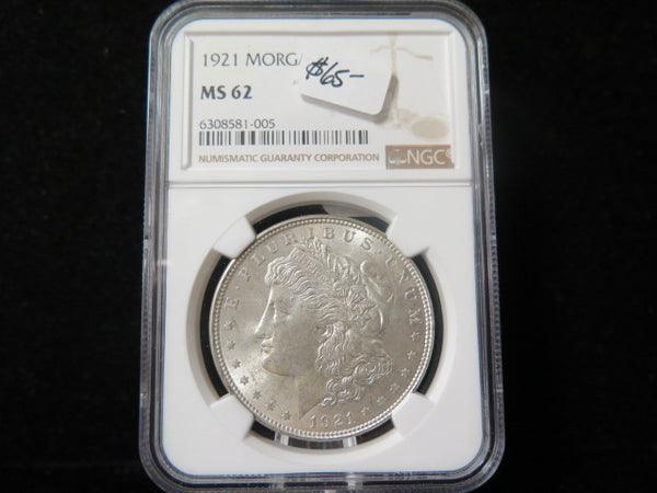 1921 Morgan Silver Dollar, NGC Graded MS 62 UN-Circulated.  Store #03247