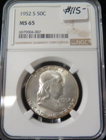 1952-S Franklin Half Dollar, NGC Graded MS 65 Un-Circulated.  Store #03262