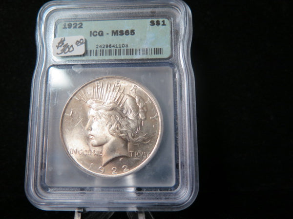 1922 Peace Silver Dollar, ICG Graded MS 65 Uncirculated Coin. Store #03276