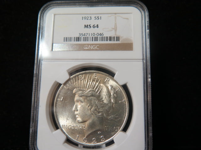 1923 Peace Silver Dollar, NGC Graded MS 64 Uncirculated Coin. Store