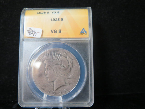 1928 Peace Silver Dollar, ANACS Graded VG 8 Circulated Coin. Store #03298