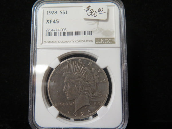 1928 Peace Silver Dollar, NGC Graded XF 45 Circulated Coin. Store #03299
