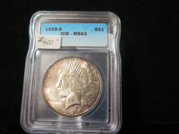 1928-S Peace Silver Dollar, ICG Graded MS 63 Uncirculated Coin. Store #03301