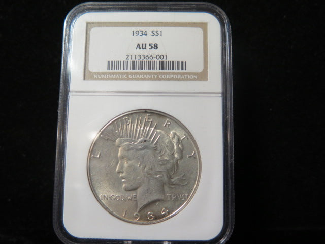 1934 Peace Silver Dollar, NGC Graded AU 58 Circulated Coin. Store