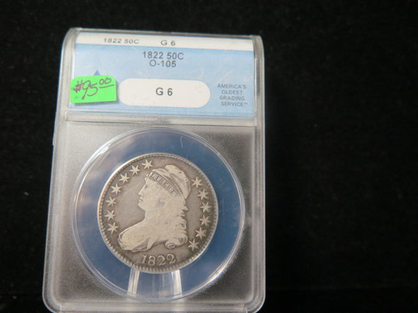 1822 Capped Bust Half Dollar, ANACS Graded G 6 Circulated Coin. Store #03308