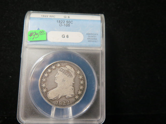 1822 Capped Bust Half Dollar, ANACS Graded G 6 Circulated Coin. Store