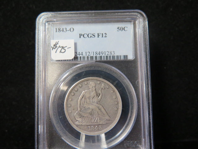 1843-O Seated Liberty Half Dollar, PCGS Graded F-12 Circulated Coin.  Store