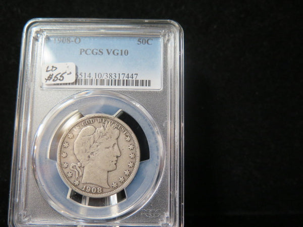 1908-O Barber Half Dollar.  PCGS Graded VG10 Circulated Coin.  Store # 03340