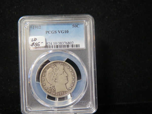 1912 Barber Half Dollar.  PCGS Graded VG10 Circulated Coin.  Store # 03342